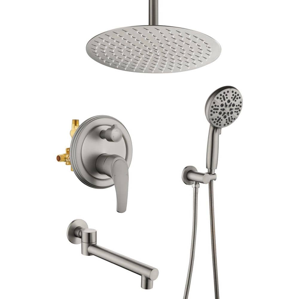 Boyel Living 7-Spray 12 in. Ceiling Mount and Handheld Shower Head, 180° Swivel Tub Spout, 2.5 GPM, Brushed Nickel, Valve Included