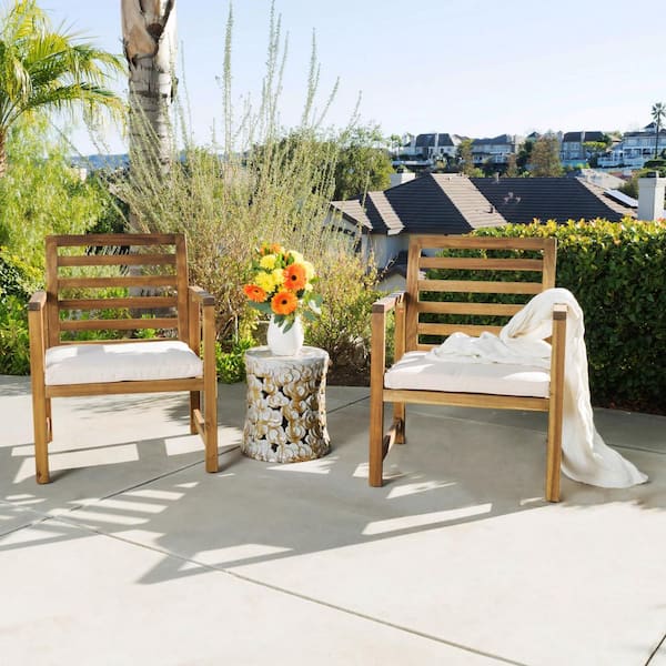 Unbranded 2-Piece Acacia Wood Arm Rest Club Outdoor Lounge Chairs with Water Resistant Cushions, Natural Stained/White for Patio
