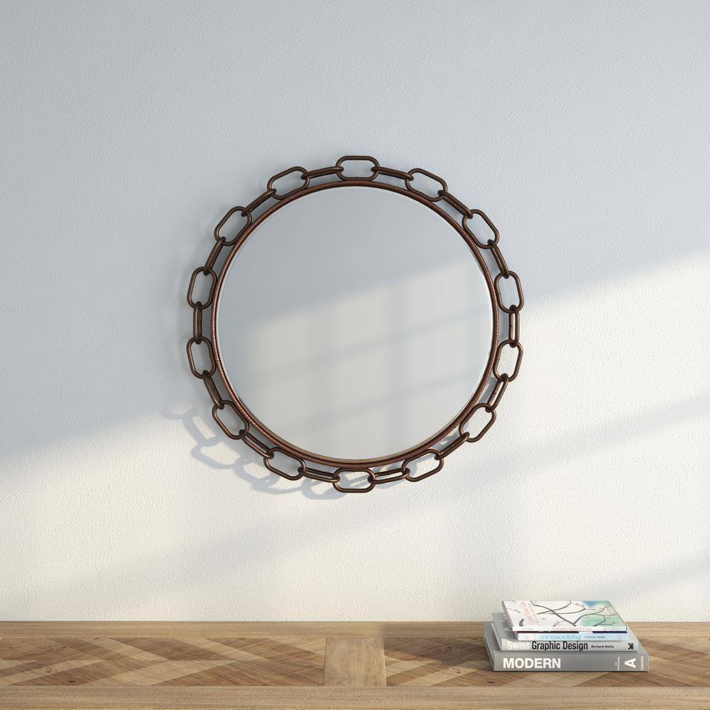 Contemporary 26" Round Bronze Wood Vanity Mirror with Chain Link