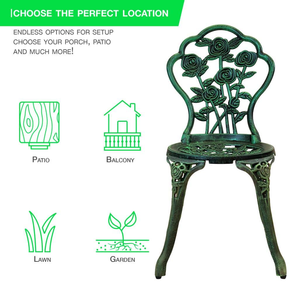 Verdigris Cast Iron and Aluminum Rose Pattern Bistro Set