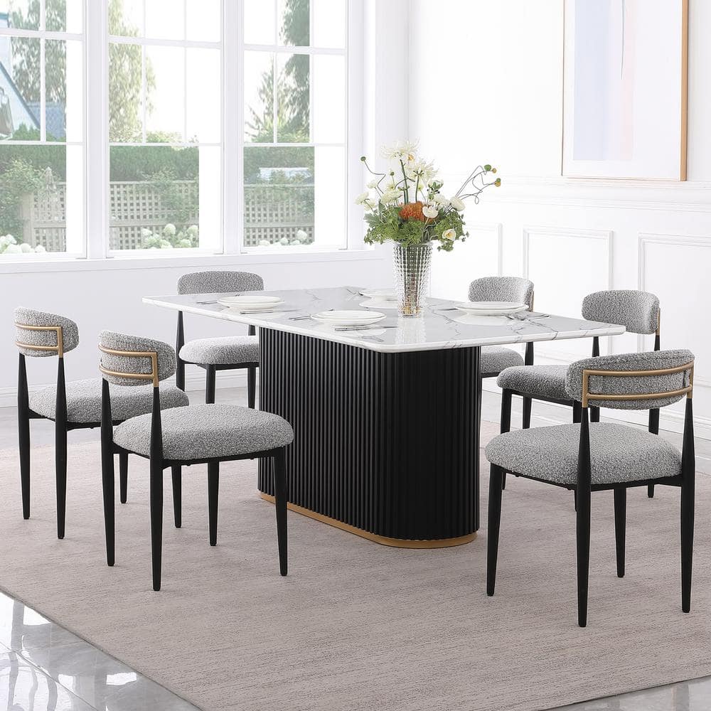 Morden Fort Modern 7-Piece Faux Marble Dining Tabletop with Boucle ...