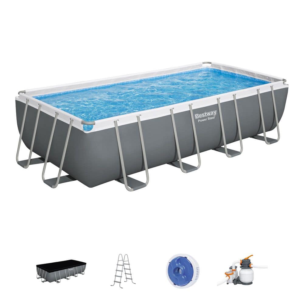 Gray 18ft x 9ft Rectangular Metal Frame Pool Set with Filter Pump