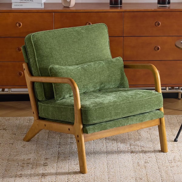Green Chenille Armchair with Solid Wood Handrail