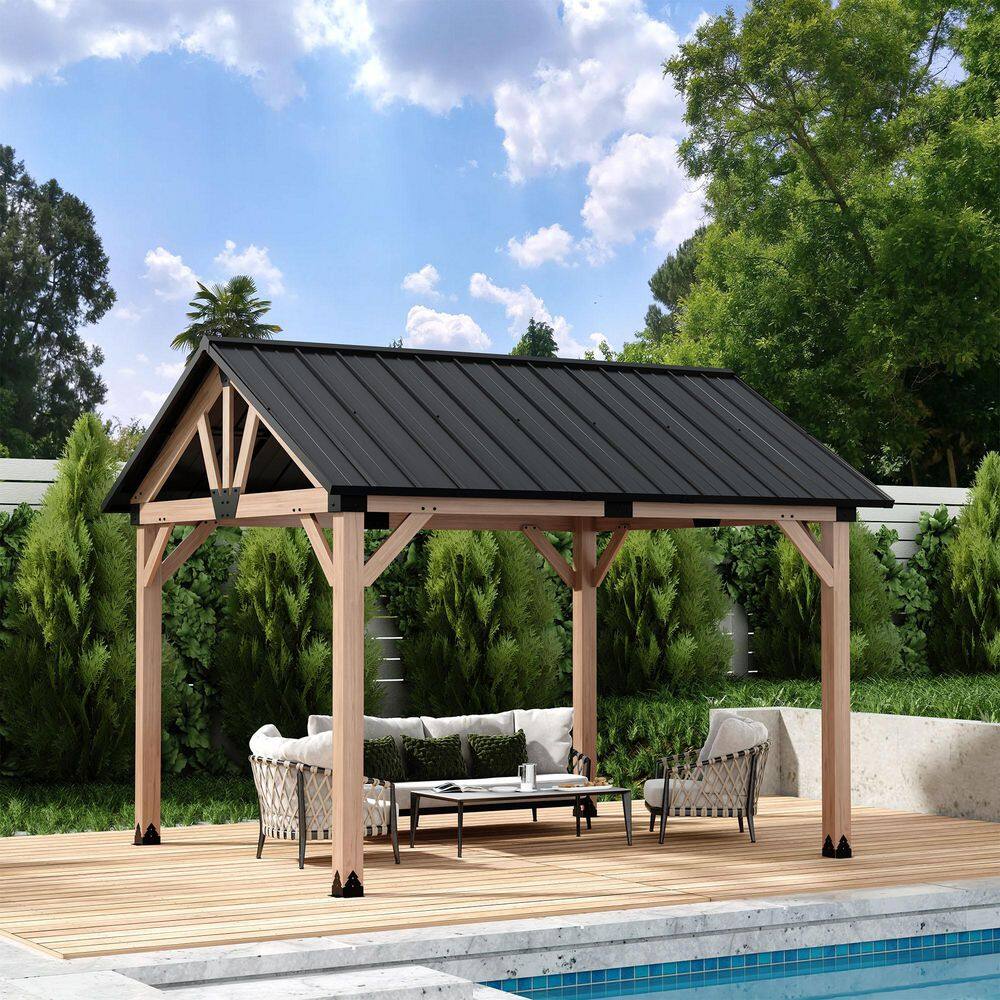 10 ft. x 12 ft. Cedar Wood Gazebo with Black Galvanized Steel Roof, Herringbone Design, All-Weather Outdoor Shelter price history on PriceWatchPro