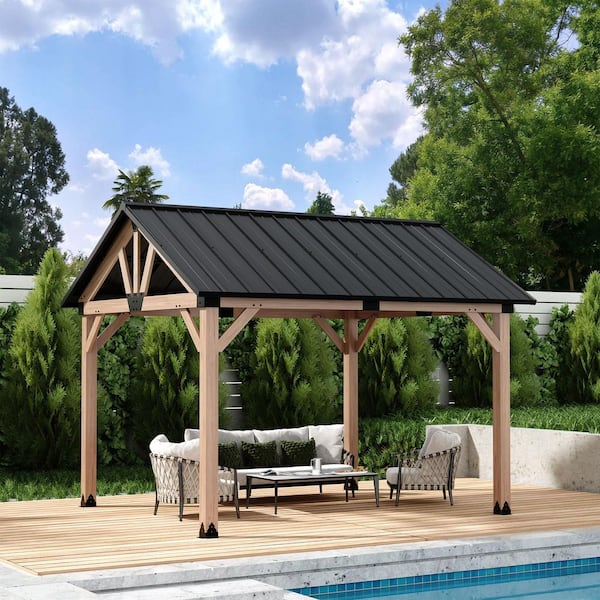 10 ft. x 12 ft. Cedar Wood Gazebo with Black Galvanized Steel Roof, Herringbone Design, All-Weather Outdoor Shelter