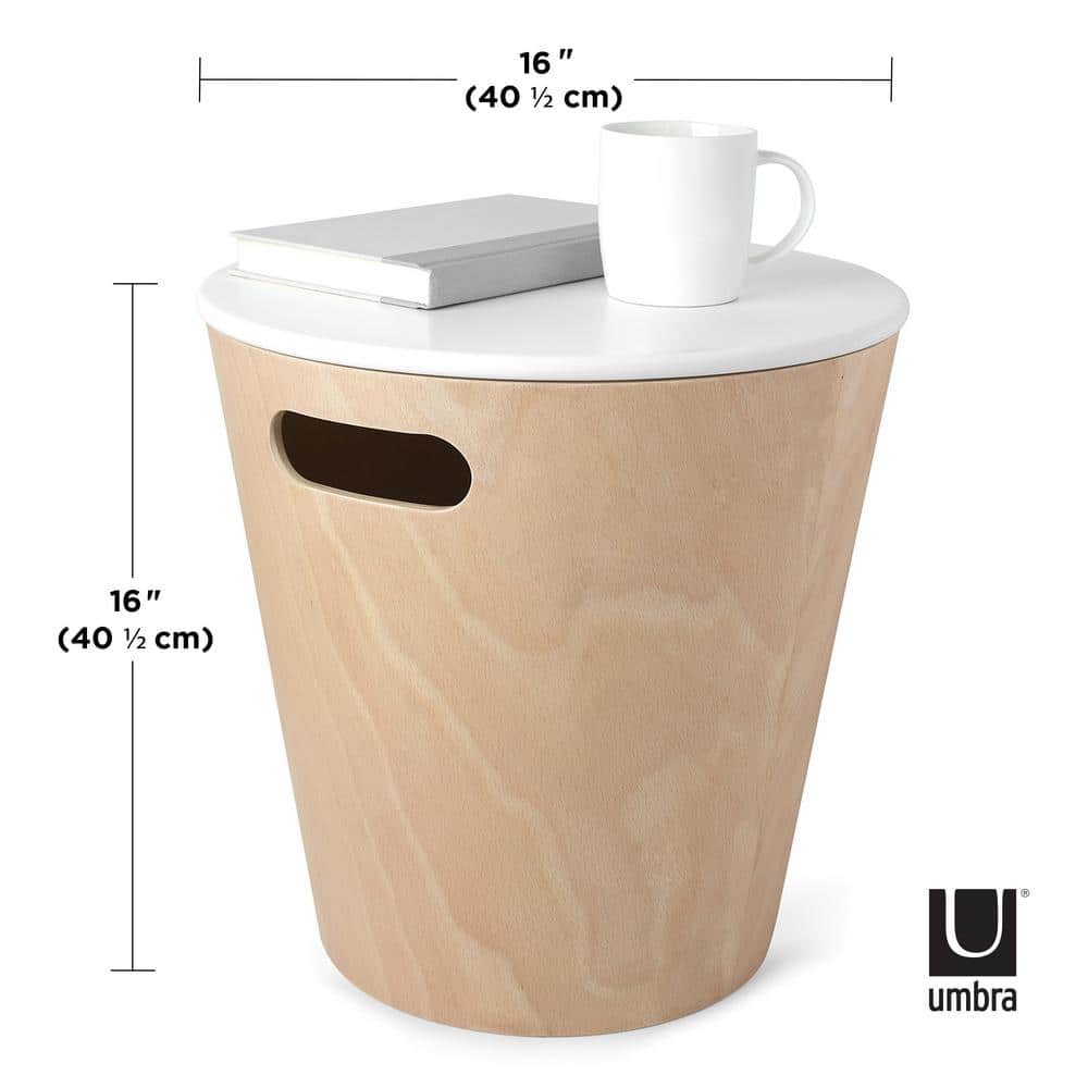 White and Light Wood Round Storage Ottoman Stool