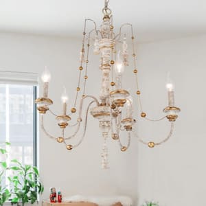 Vintage Weathered Wood Empire Chandelier, Classic 5-Light French Country Gold Beads Hanging Lighting for Dining Room
