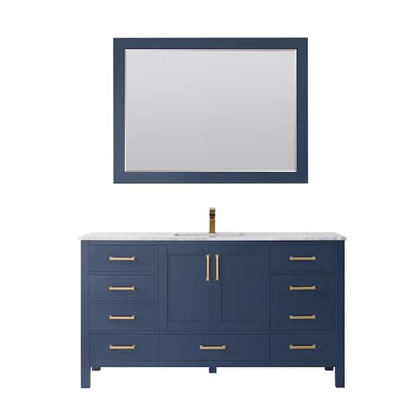 ROSWELL Shannon 60 in. Bath Vanity in Blue with Carrara Marble Vanity Top in White with White Basin and Mirror