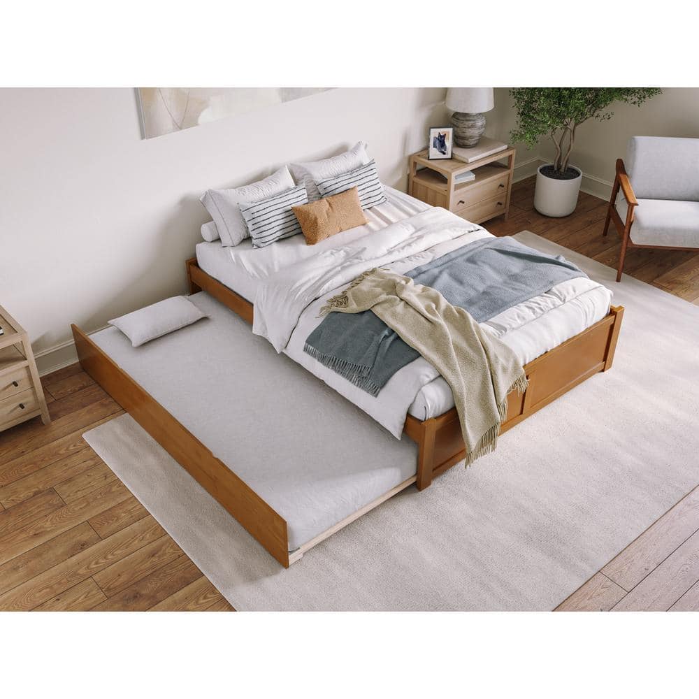 Light Toffee Queen Wood Platform Bed with Trundle and Slats