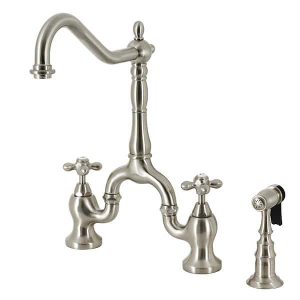 Kingston Brass English Country Double Handle Deck Mount Gooseneck Bridge Kitchen Faucet with Brass Sprayer in Brushed Nickel