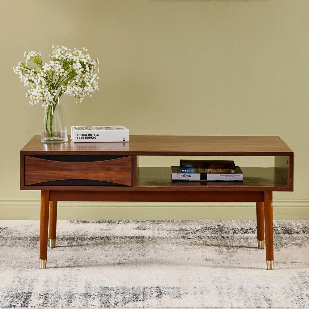 Dawson 40" Walnut Mid-Century Modern Coffee Table with Brass Accents