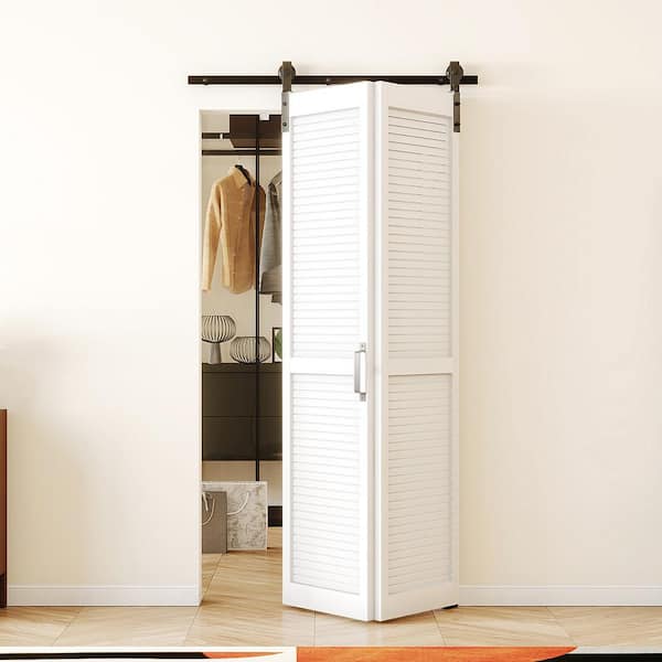 36 in. x 84 in. White, Finished, MDF, Bi-Fold Style, Need to Assemble, Louvered Sliding Barn Door with Hardware Kit