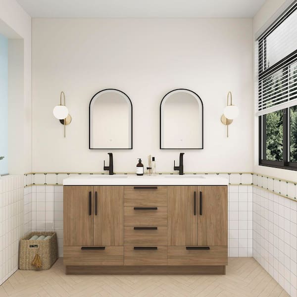 Carla 59 in. W x 20 in. D x 35 in. H Double Sink Freestanding Bath Vanity in Dark French Oak with White Acrylic Top