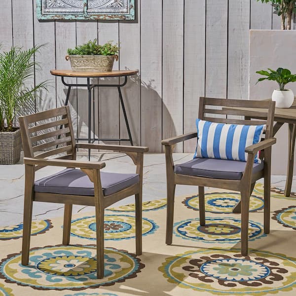 Harper & Bright Designs Patio Gray Wood Outdoor Dining Chair with Dark Gray Cushions (2-Pack)