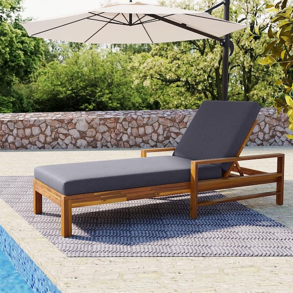 Acacia Wood Outdoor Chaise Lounge with Gray Cushions