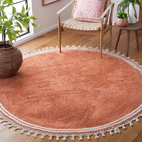 Easy Care 8 ft. x 8 ft. Rust/Ivory Machine Washable Solid Striped Border Round Area Rug