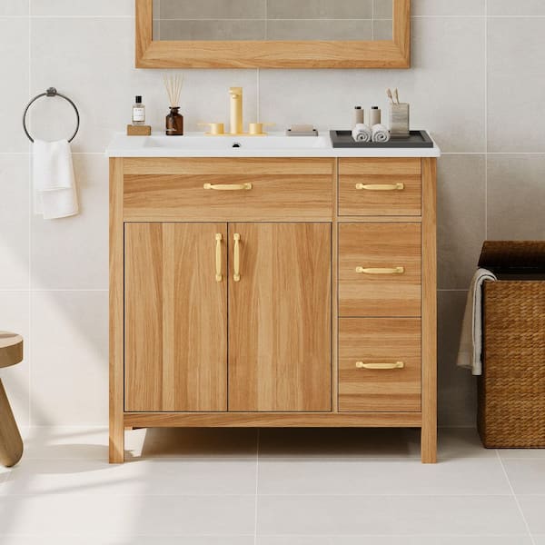 36 in. W Single Sink Freestanding Solid Wood Frame Bath Vanity in Brown with White Ceramic Top and Adjustable Shelf