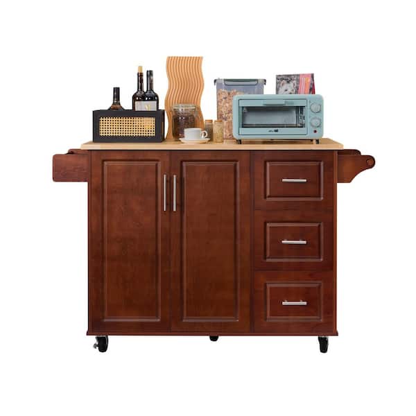 Brown Drop Leaf Wood Top 54 in. Kitchen Island Cart with 3 Drawers Locking Casters and Storage Shelves