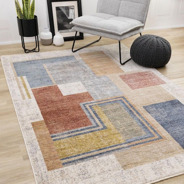 Ceyra Collections 5 ft. x 8 ft. White Distressed, Geometric Indoor Area Rug