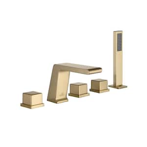 3-Handle Tub-Mount Roman Tub Faucet with Hand Shower in Brushed Gold