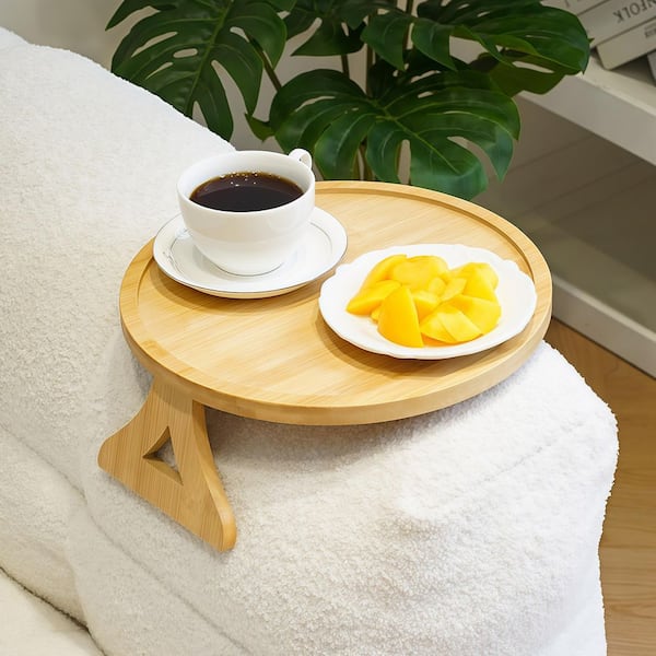 11 in. Foldable Bamboo Couch Arm Tray Table, Sofa Armrest Side Table for Drinks, Snacks, Remotes and Phones