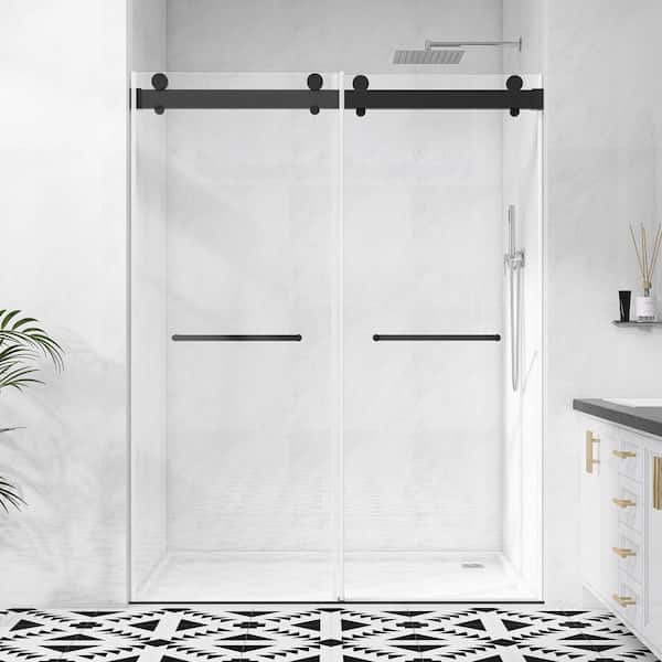 Zeafive 72 in. W x 79 in. H Soft Close Double Sliding Alcove Frameless Glass Shower Door in Matte Black 3/8 in. Tempered Glass