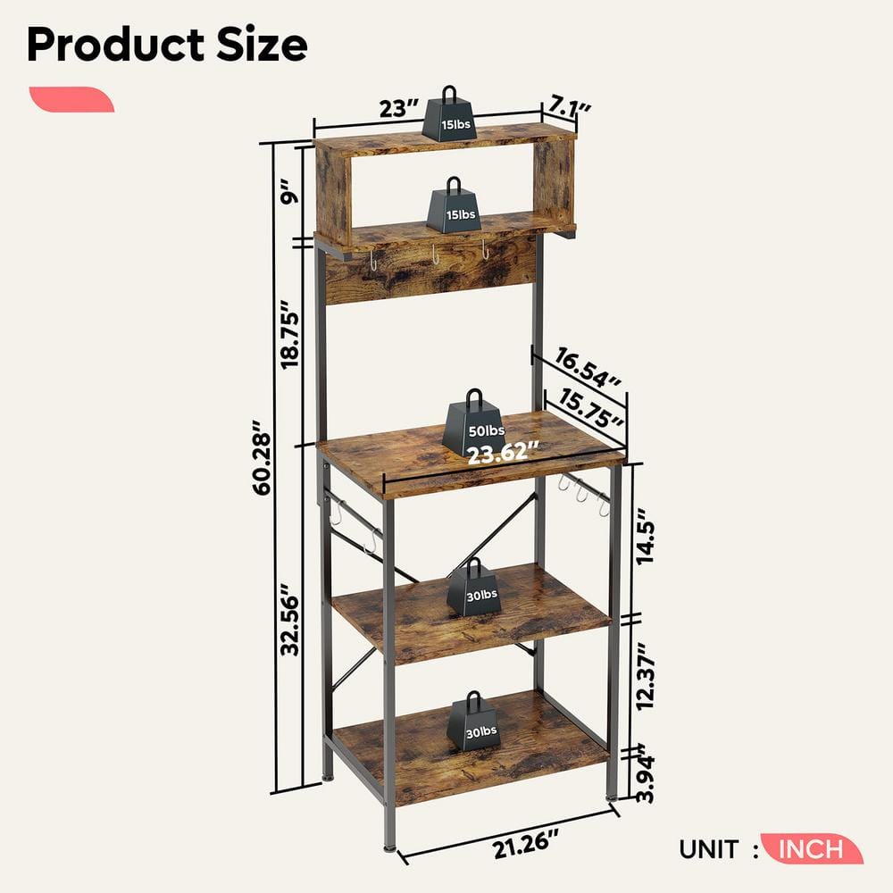 Adjustable Rustic Brown Wood 5-Tier Kitchen Storage Rack