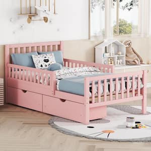 Pink Wood Frame Twin Size Platform Bed with Guardrails on Both Sides and 2-Storage Drawers