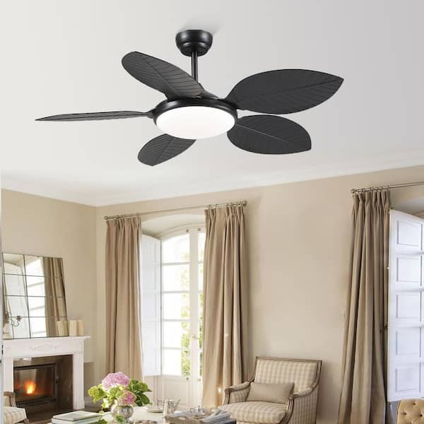 48 in. Indoor/Outdoor Black 5 ABS Tropical Palm Leaf Blades Downrod Ceiling Fan with LED Light and Remote Included