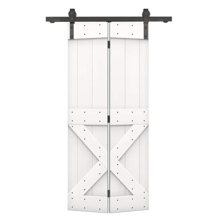 CALHOME 30 in. x 84 in. Mini X-Series Pure White Stained DIY Wood Bi-Fold Barn Door with Sliding Hardware Kit