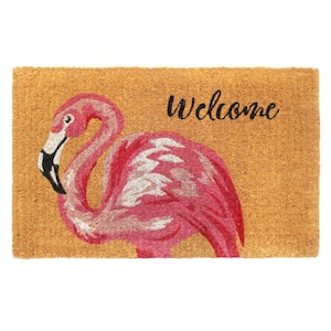Natural 18 in. x 30 in. Pink Flamingo Welcome Coir Doormat