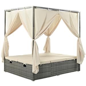 6-Seat Adjustable Back Wicker Outdoor Day Bed with Curtain and Beige Cushions