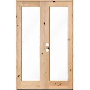 64 in. x 96 in. Rustic Knotty Alder Right Hand Inswing Full-Lite Clear Glass Unfinished Wood Double Prehung Front Door