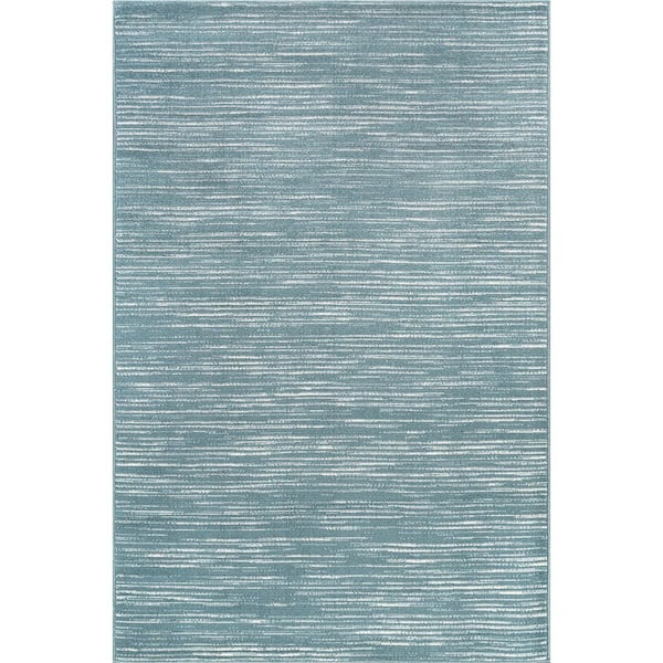 Linea Teal 6 ft. x 9 ft. Rubber Back Washable Modern Striped Indoor Outdoor Patio Area Rug