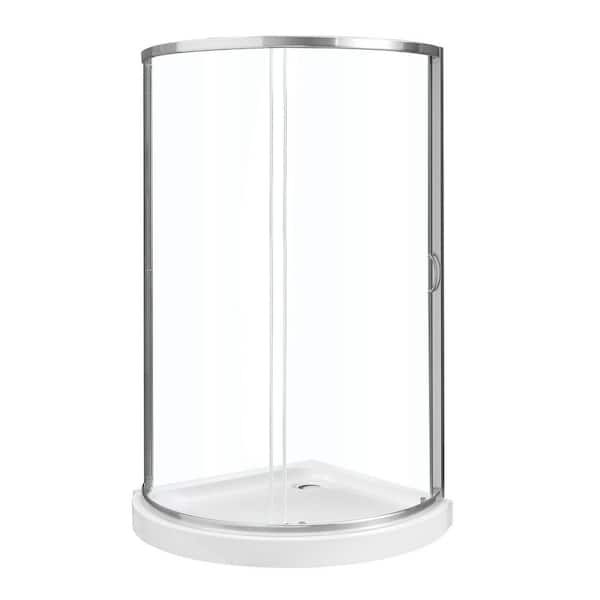 Breeze 32 in. L x 32 in. W x 76.97 in. H Corner Shower Kit with Clear Framed Sliding Door in Satin Nickel and Shower Pan
