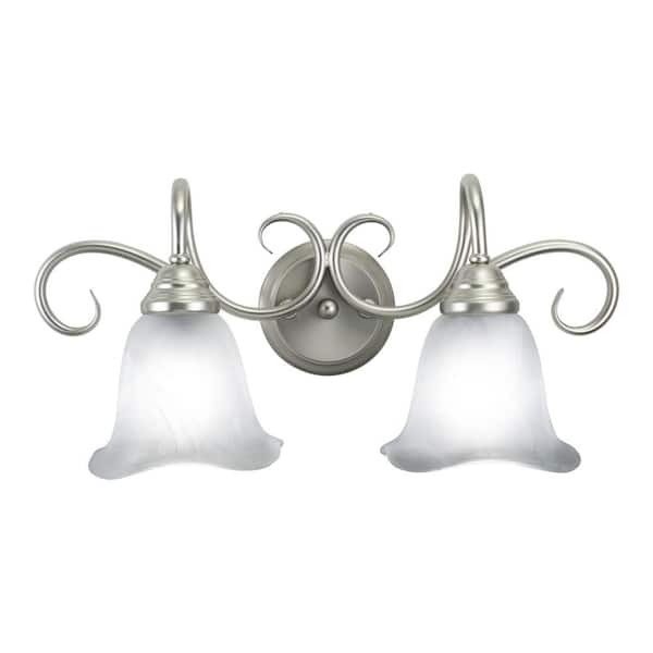 Bella 19.75 in. W 2-Light Brushed Nickel Vanity Light Fixture Transitional White Alabaster Glass Bathroom Wall Lighting