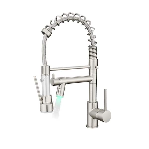 Logmey Single Handle Pull Down Sprayer Kitchen Faucet with 2-Mode LED Commercial Single Lever Faucet in Brushed Nickel
