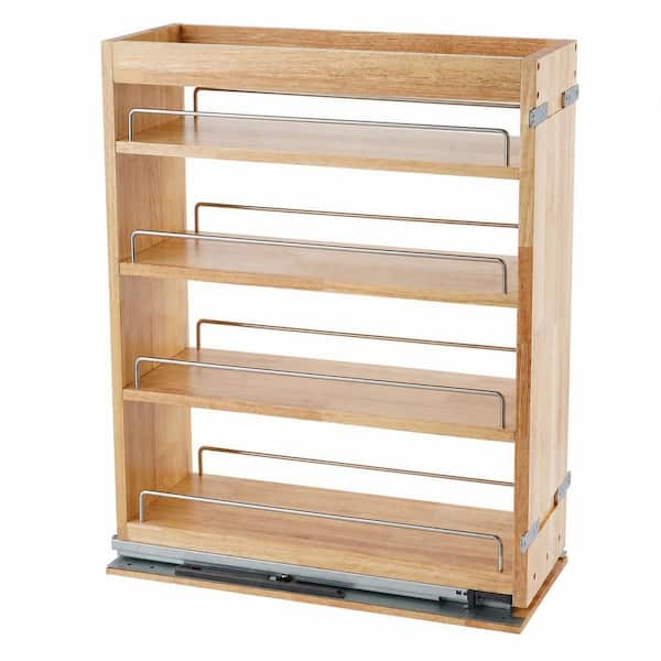 4-Shelf Natural Wood Cabinet Mount Pull Out Spice Rack, Spice Organizer for Kitchen Pantry Seasoning Bottle Storage