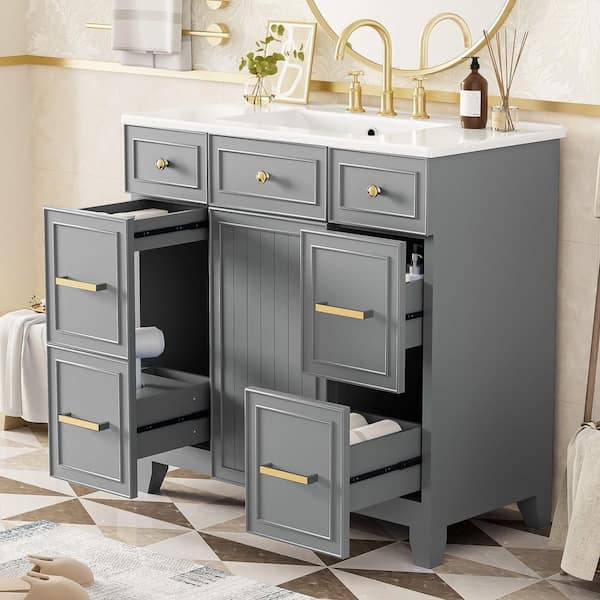 36 in. W x 18 in. D x 34 in. H Freestanding Bath Vanity in Gray with White Ceramic Top Single Basin Sink