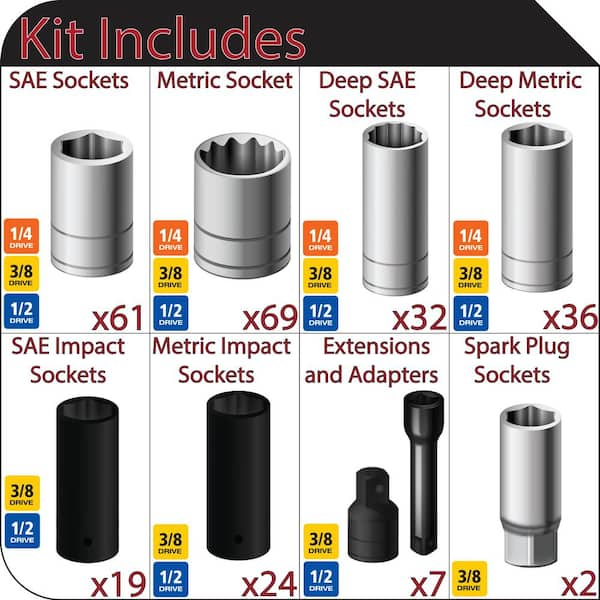 1/4 in., 3/8 in. and 1/2 in. Drive Chrome and Impact Socket Set with EVA Storage Trays (250-Piece)