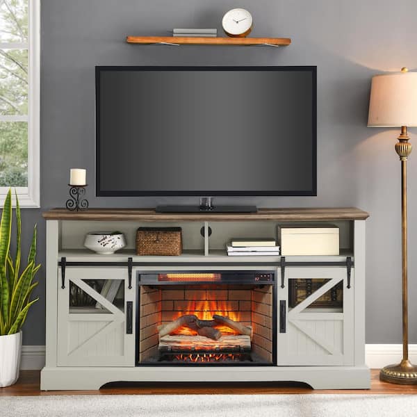 60 in. Freestanding Electric Fireplace Entertainment Center in Jasmine White Color with Door Sensor