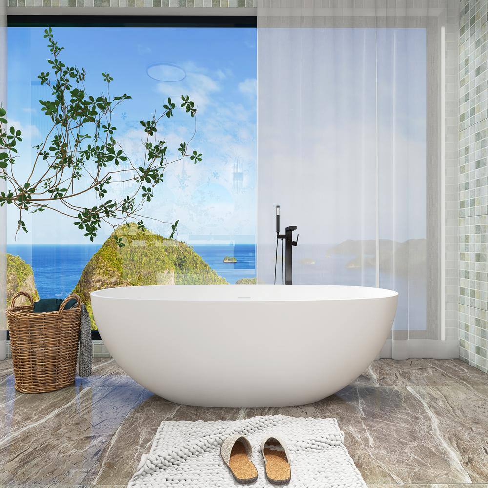 65" Matte White Stone Resin Freestanding Soaking Bathtub