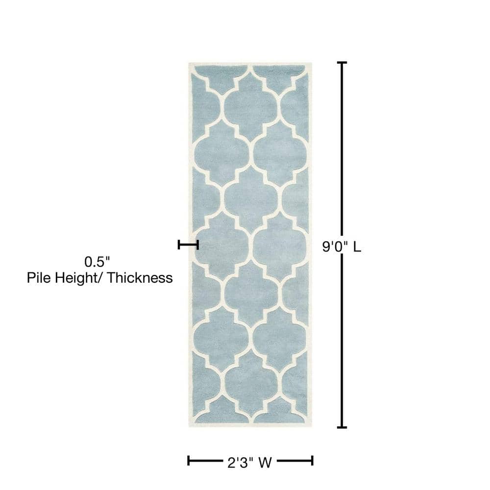 Hand-Tufted Geometric Wool Runner Rug in Blue/Ivory, 27"x8"