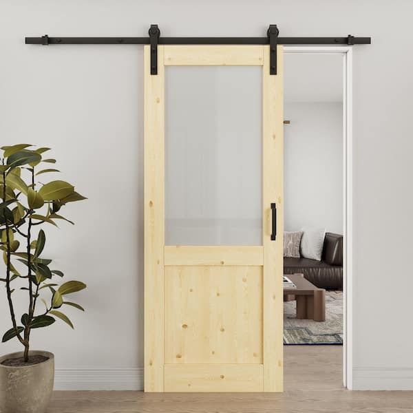 32 in. x 80 in. 1/2-Lite Frosted Glass Solid Core Unfinished Pine Wood Sliding Barn Door with Hardware Kit