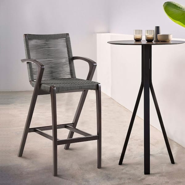 Armen Living Brielle Armed Outdoor UV Protected Dark Eucalyptus Wood and Grey Rope Counter Height Stool with Footrest