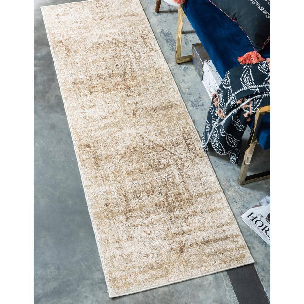 Elegant Medallion Runner Rug in Subtle Beige, Stain-Resistant Synthetic