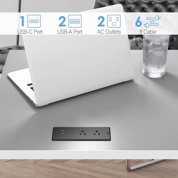 Type-C Conference Recessed Power Strip Socket,20W PD Fast Charging Usb C Power Strip With 2 Usb A Ports 1 Usb C Port 2 Outlets 6 5ft Extension Cord Conference Table Hidden Outlet Black