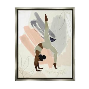 Stretching Yoga Pose Strength Text Floral Border by Victoria Barnes Floater Frame People Wall Art Print 21 in. x 17 in.