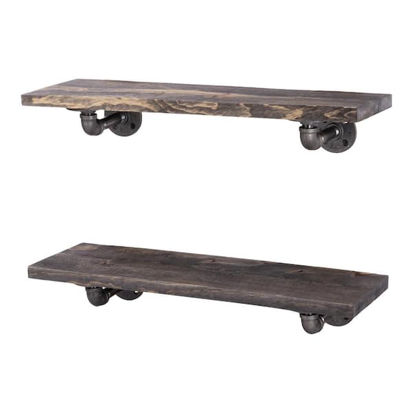 PIPE DECOR 24 in. x 7.5 in. x 6.75 in. Boulder Black Restore Wood Decorative Wall Shelf with Industrial Steel Pipe L- Brackets