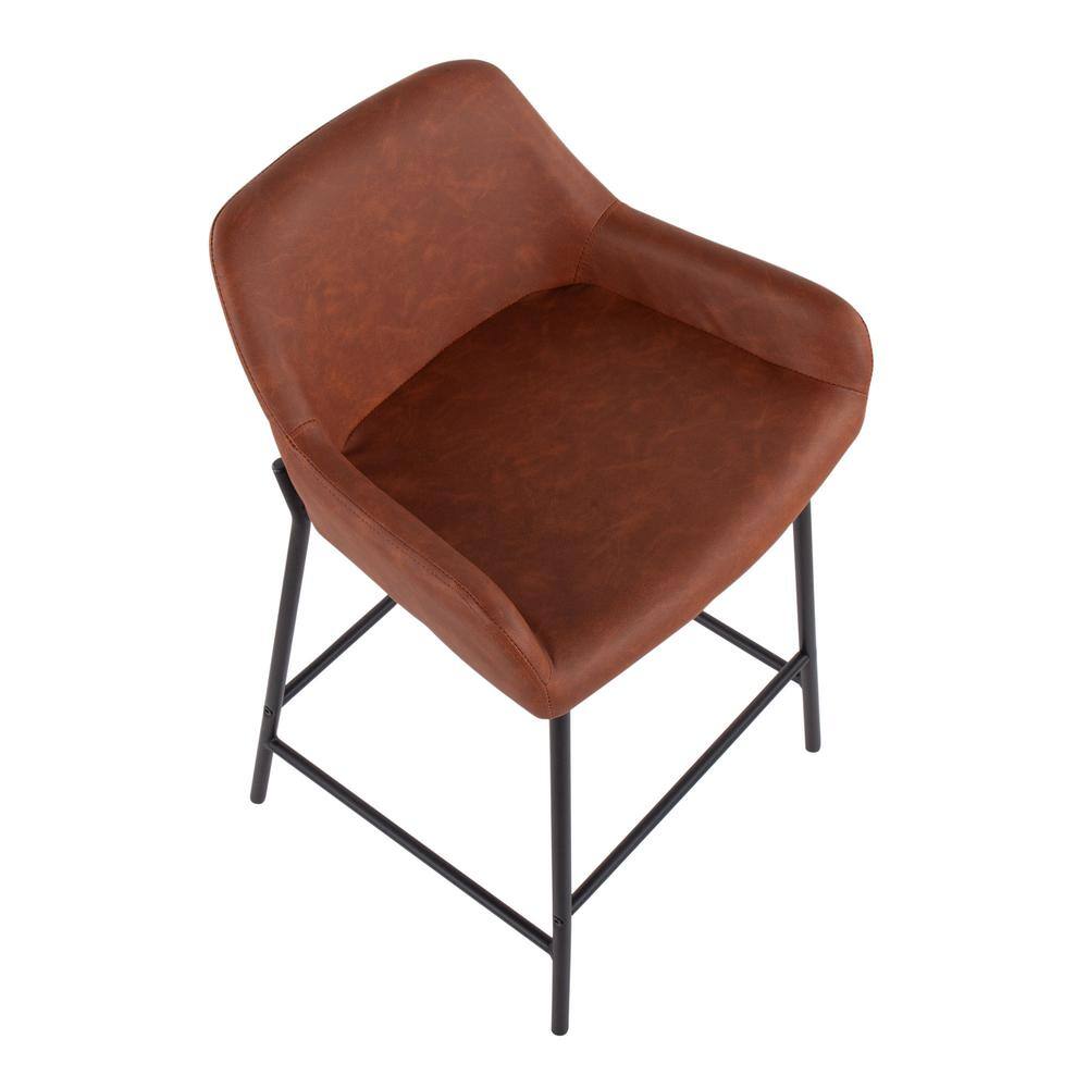 Daniella 33" Industrial Black Metal and Camel Faux Leather Counter Stools, Set of 2